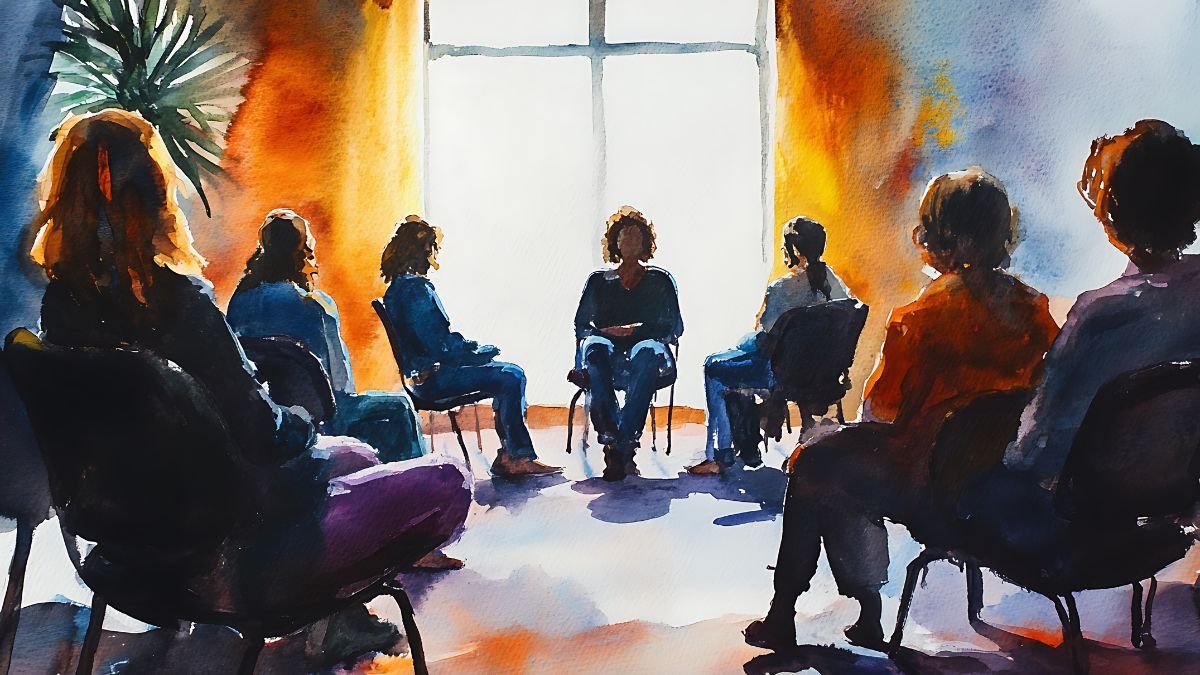 Aquarellmalerei einer Gruppe von Menschen in einem kreativen Workshop.