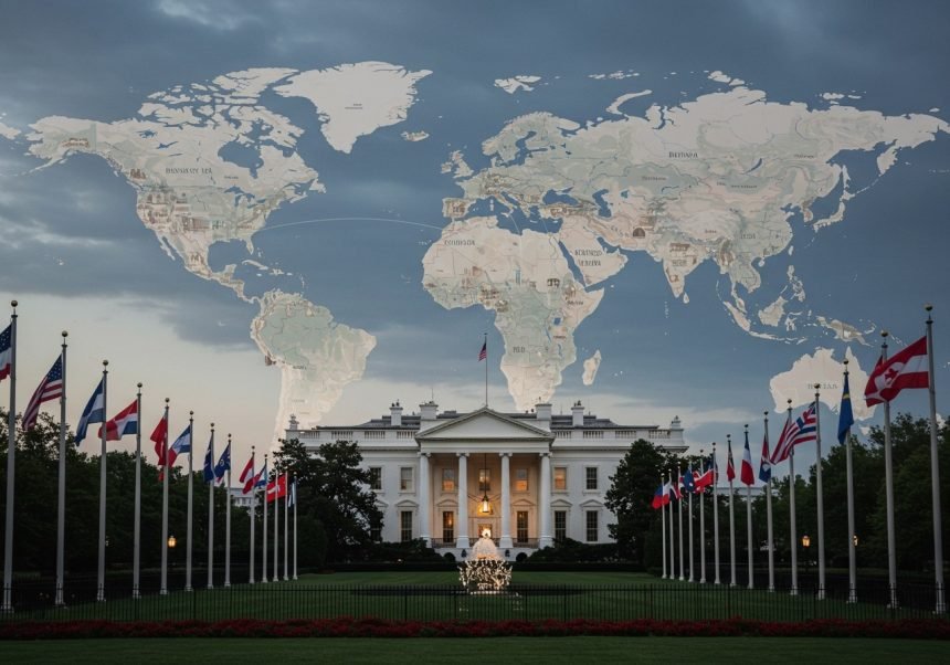 Die Weiße Haus-Fassade mit Flaggen und einer Weltkarte im Hintergrund.
