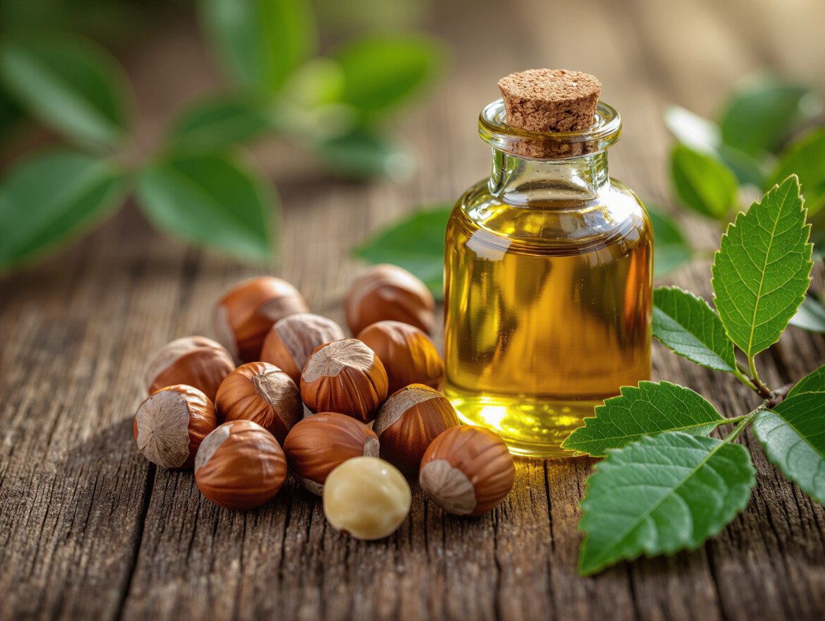 Eine Flasche Erdnussöl steht neben frischen Erdnüssen auf einem Holztisch.