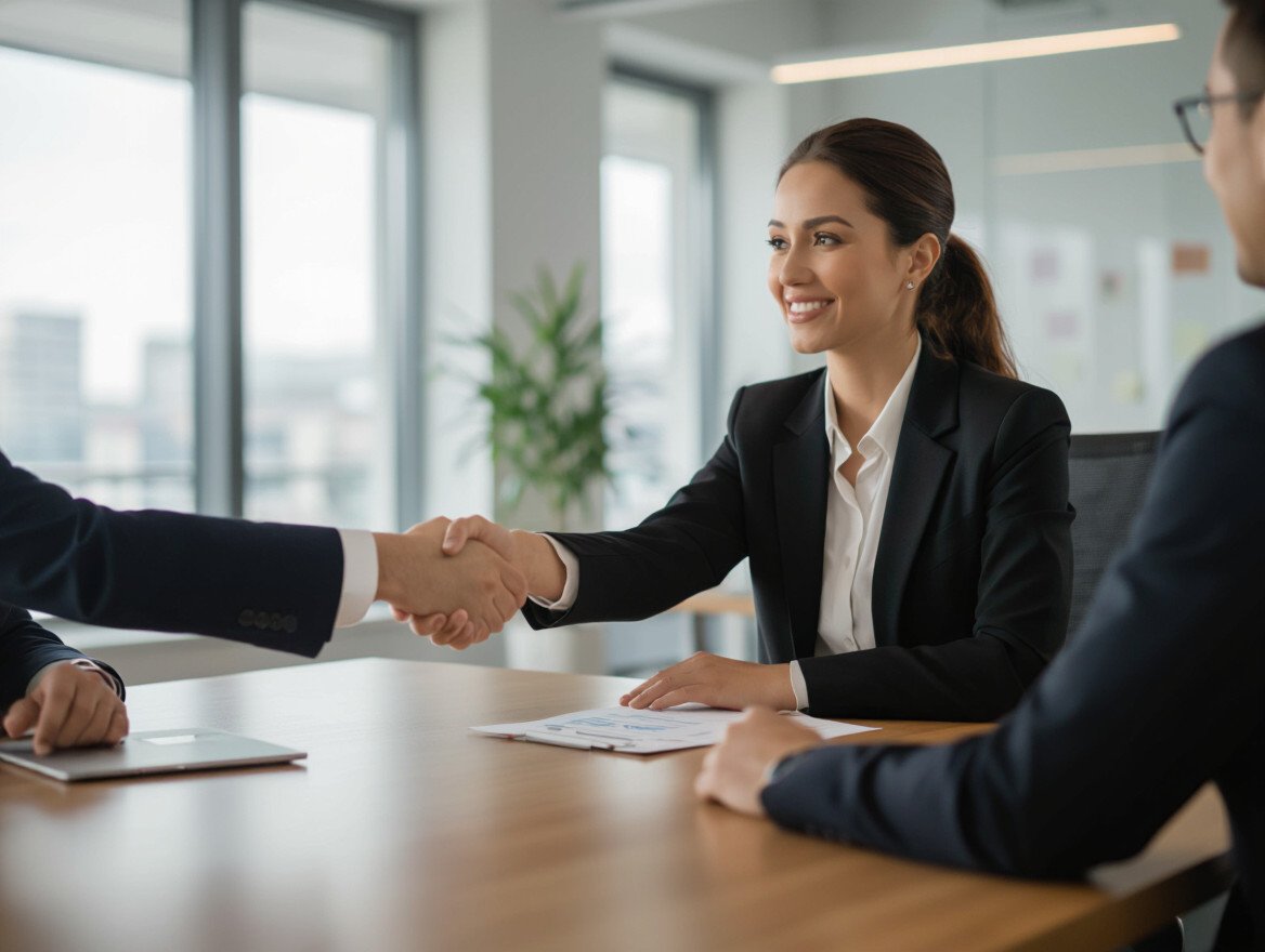 Eine Frau in einem Anzug schüttelt einem Mann die Hand während eines Vorstellungsgesprächs.