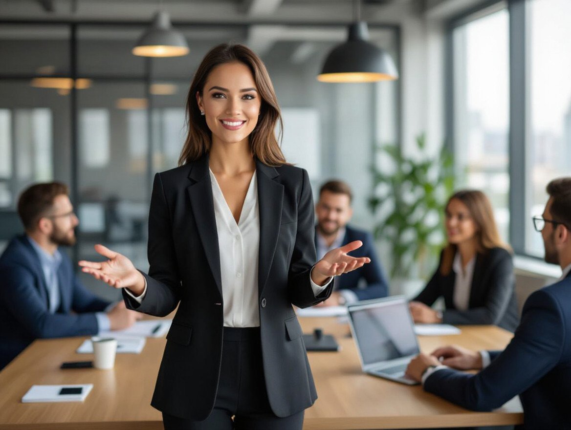 Eine selbstbewusste Frau in einem Anzug präsentiert in einem modernen Büro.
