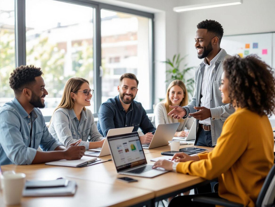 Eine Gruppe von Erwachsenen in einem modernen Seminarraum, die an einer Weiterbildung teilnehmen.
