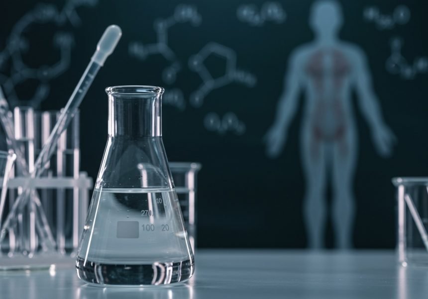 Ein Erlenmeyerkolben mit einer klaren Flüssigkeit, im Hintergrund chemische Strukturen und eine menschliche Silhouette.