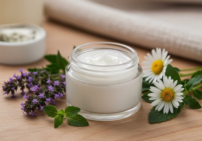 Ein Glas Eutercreme umgeben von frischen Kräutern und Blumen auf einem Holztisch.