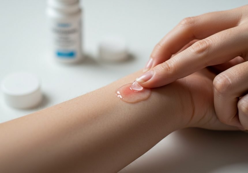 Eine Hand trägt eine transparente Creme auf den Unterarm auf, während im Hintergrund eine Flasche Exoderil zu sehen ist.