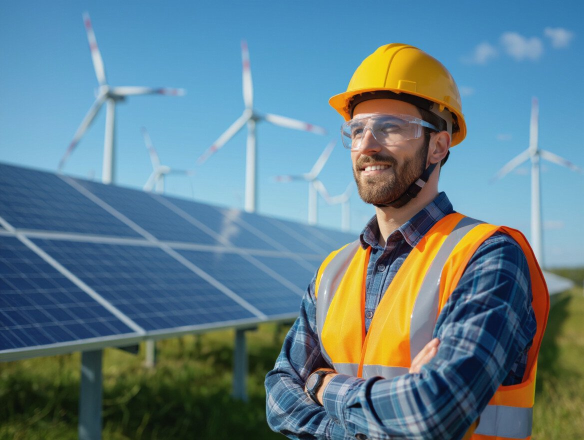Ein Fachmann für erneuerbare Energien steht stolz vor Solarpanelen und Windrädern.