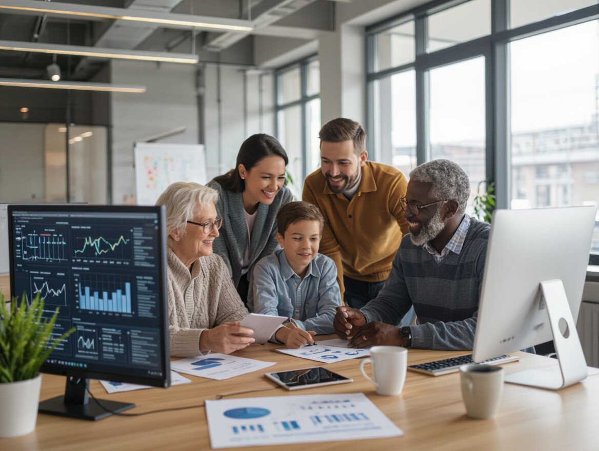 Eine Familie diskutiert moderne Geschäftsdaten in einem Büro.