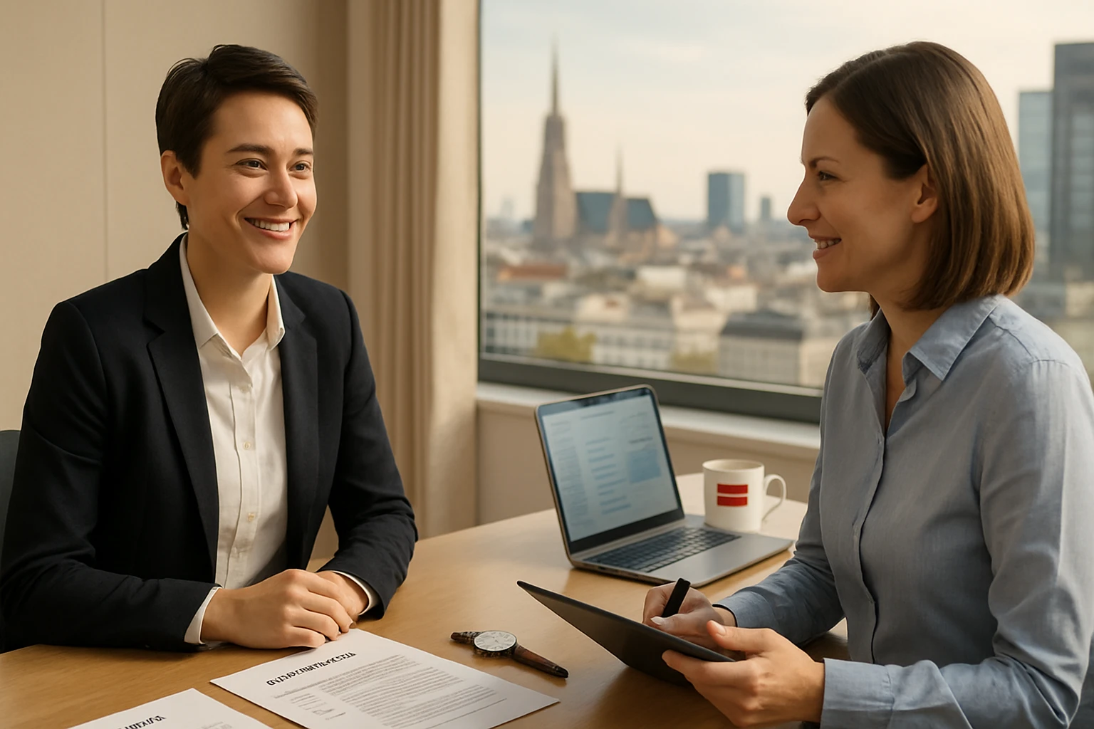 Zwei Frauen in einem modernen Büro führen ein Gespräch, eine lächelt.