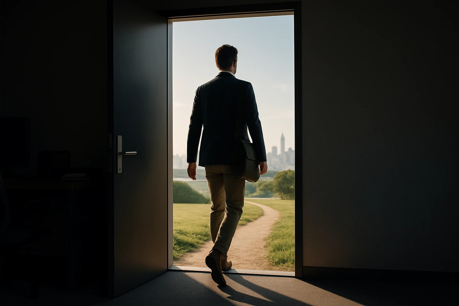 Ein Mann verlässt ein Büro und geht auf einen sonnigen Weg ins Freie.