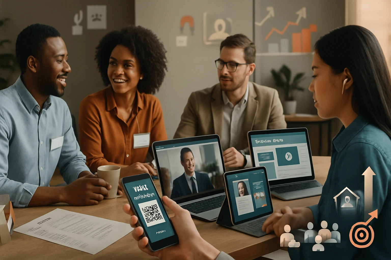 Eine Gruppe von Fachleuten diskutiert in einem modernen Büro, umgeben von Laptops und Tablets.