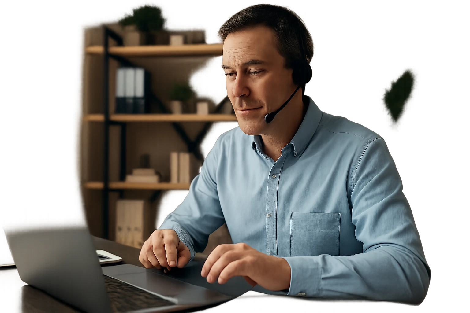 Ein Mann mit Headset arbeitet konzentriert an einem Laptop in einem modernen Büro.