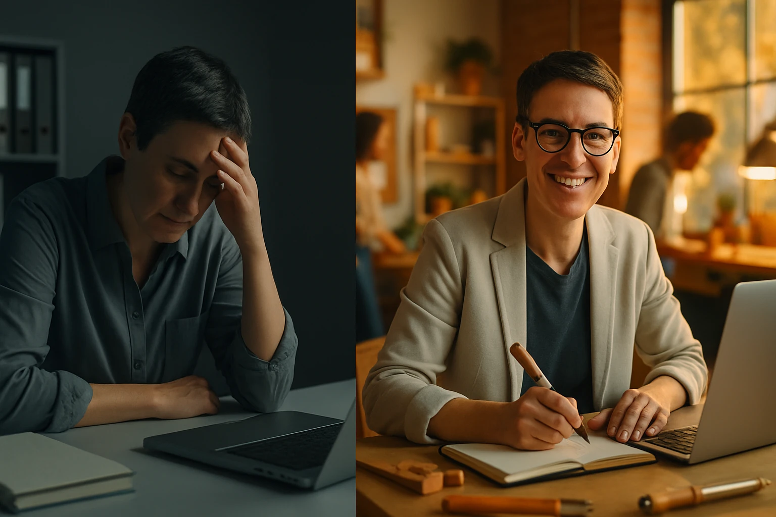 Eine Person mit kurzem Haar sitzt frustriert vor einem Laptop, während eine andere Person lächelnd Notizen macht.
