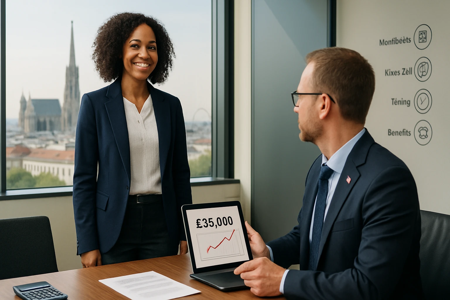 Eine lächelnde Frau in einem Anzug steht neben einem Mann, der ein Tablet mit einem Diagramm zeigt.