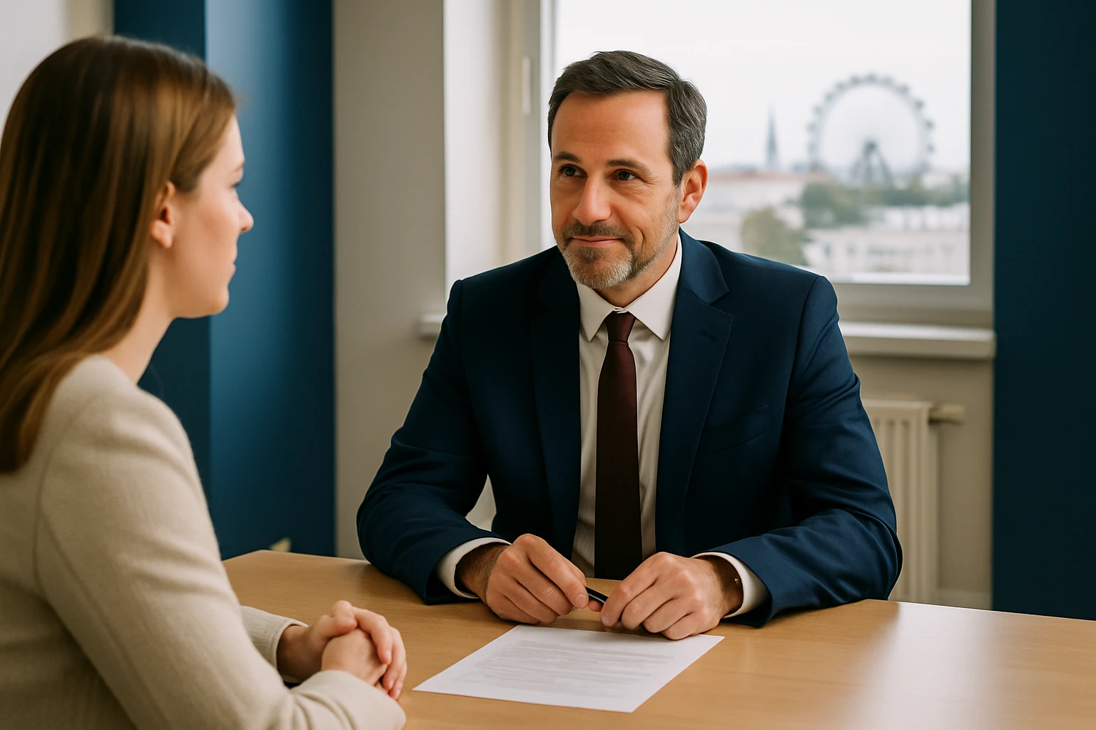 Ein Mann in einem Anzug sitzt an einem Tisch und spricht mit einer Frau.