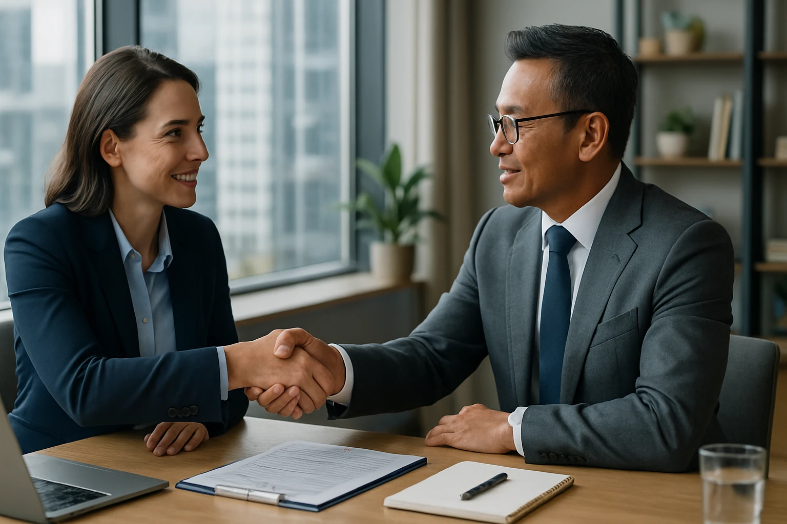 Ein Mann und eine Frau schütteln sich die Hände in einem modernen Büro.