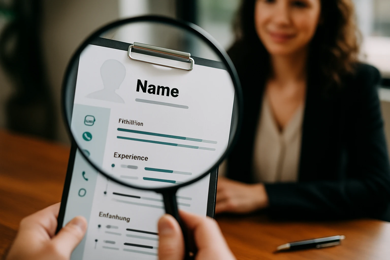 Eine Person hält einen Lebenslauf mit einer Lupe in der Hand, während eine andere Person im Hintergrund sitzt.