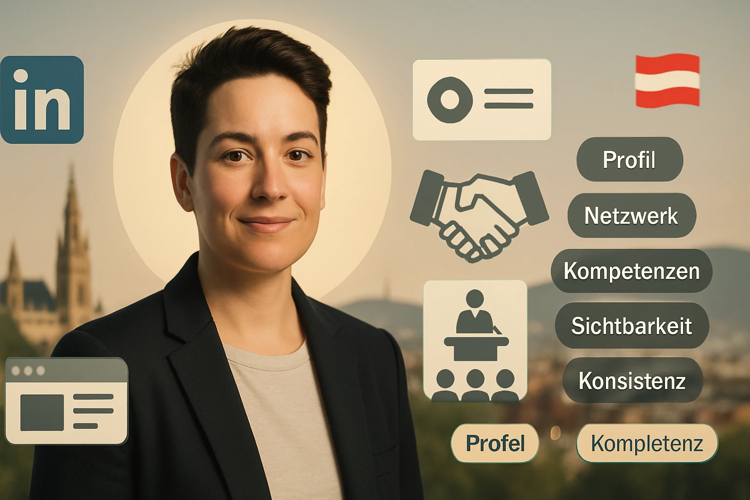Eine Person mit kurzem Haar lächelt vor einer Stadtlandschaft, umgeben von Symbolen für LinkedIn.