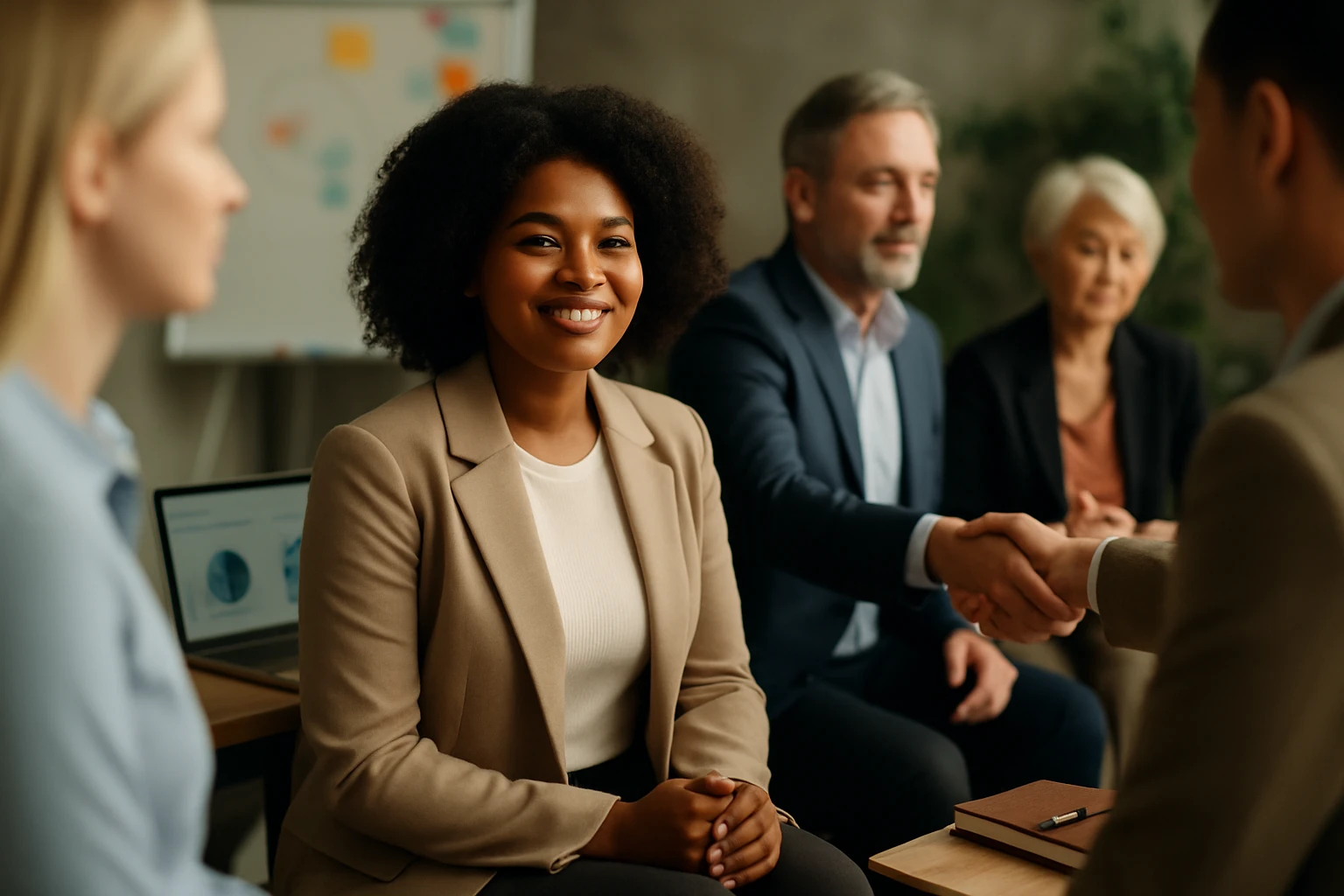 Eine lächelnde Frau mit lockigem Haar sitzt in einem Meetingraum.
