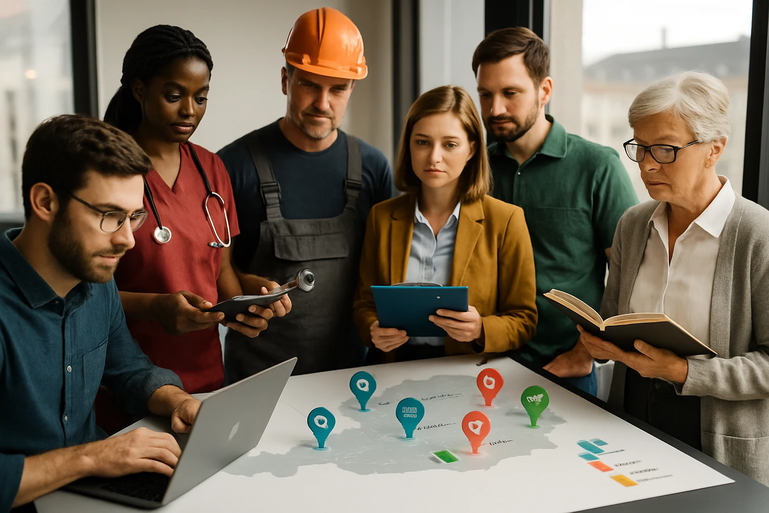 Eine Gruppe von Fachleuten diskutiert über eine Karte mit Markierungen.
