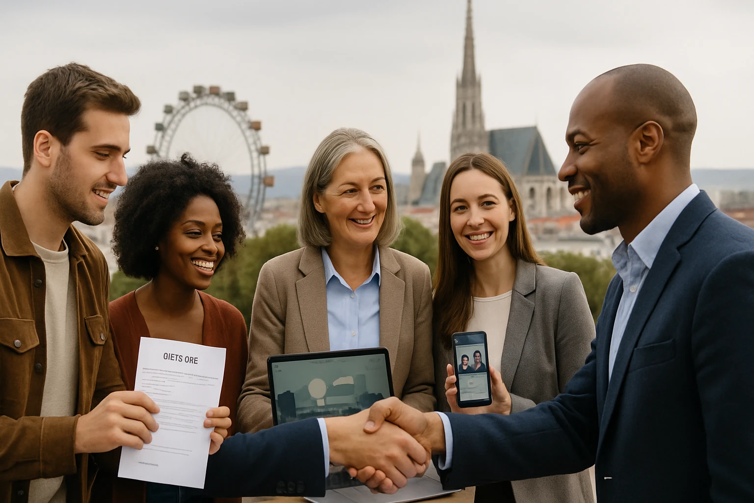 Eine Gruppe von fünf Menschen, die in einer urbanen Umgebung zusammenarbeiten und lächeln.