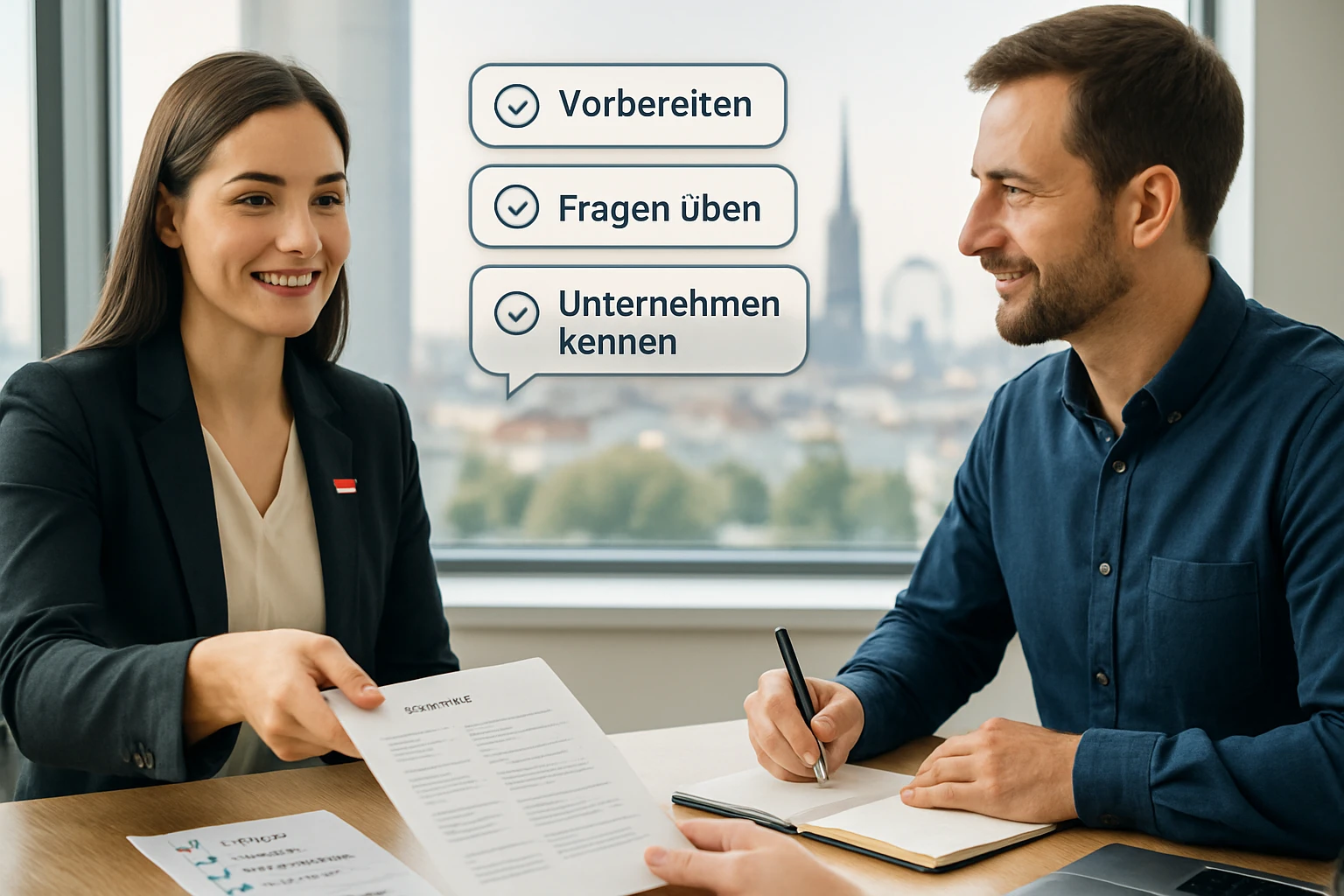 Eine Frau überreicht einem Mann ein Dokument während eines Gesprächs.