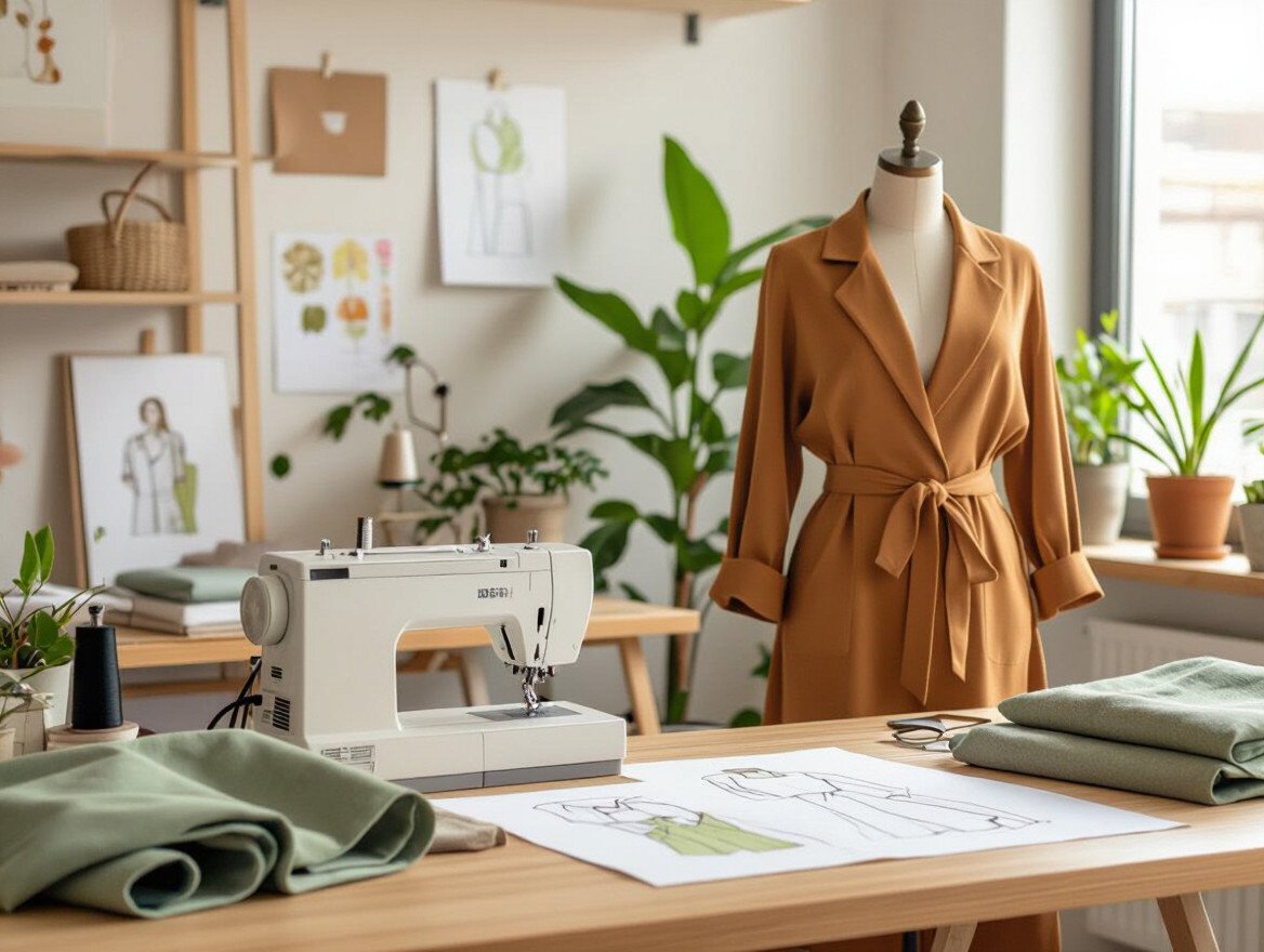 Ein kreatives Atelier mit einer Nähmaschine, Stoffen und Modezeichnungen.