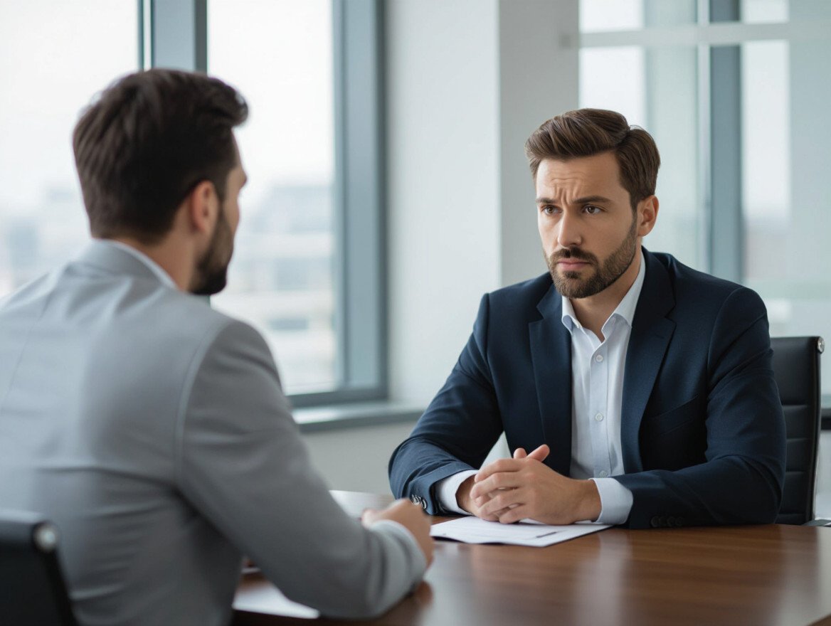 Zwei Männer in Anzügen sitzen sich in einem modernen Büro gegenüber während eines Bewerbungsgesprächs.