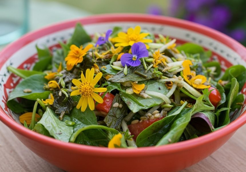 Eine bunte Schüssel Feldsalat mit essbaren Blumen und frischem Gemüse.