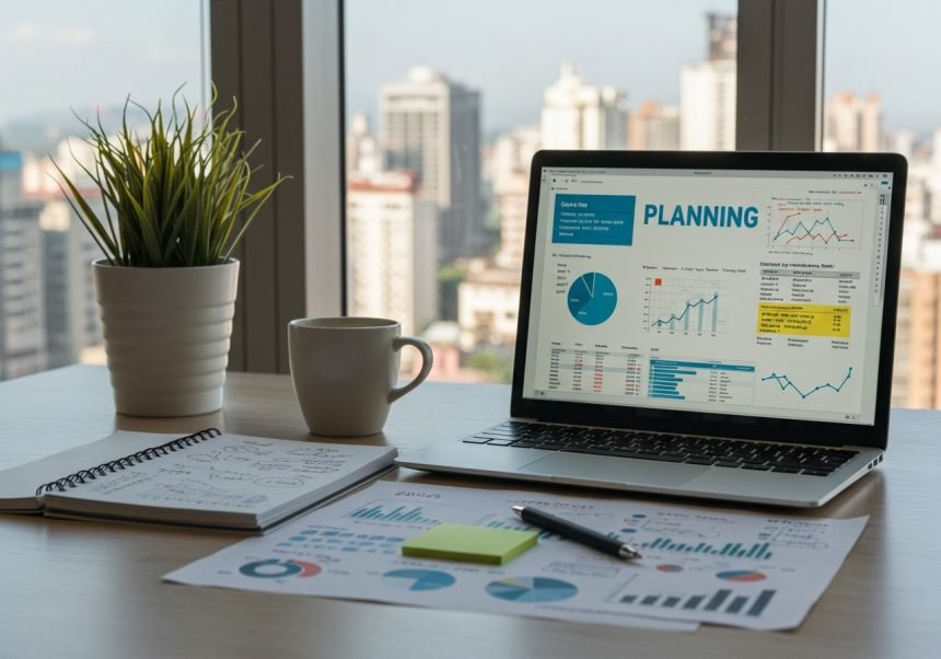 Ein Laptop mit Finanzdaten und Diagrammen auf einem Tisch mit Pflanzen und einer Tasse.