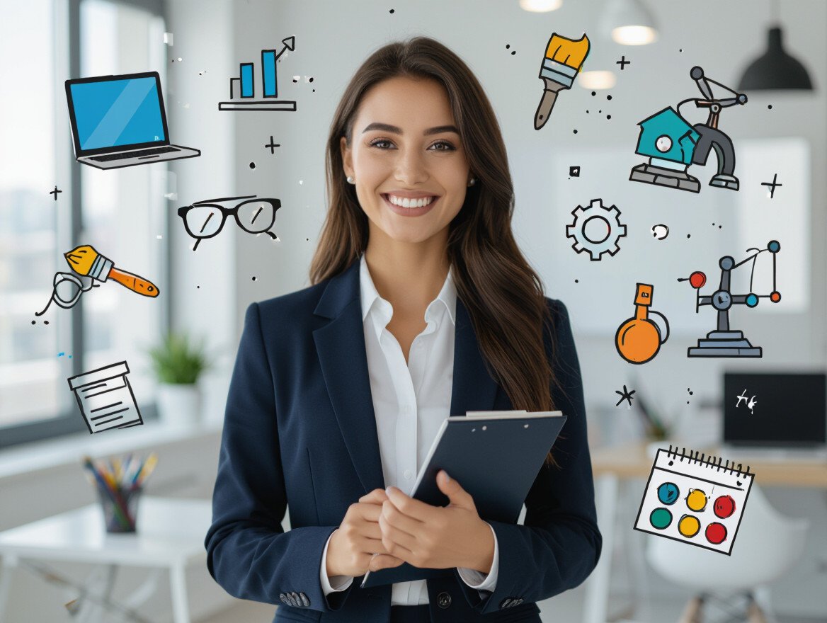 Eine lächelnde Frau in einem Anzug hält ein Notizbuch in einem modernen Büro.