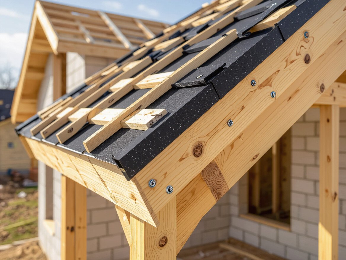 Detailaufnahme einer Firstpfette mit Dachziegeln auf einem Holzgerüst.