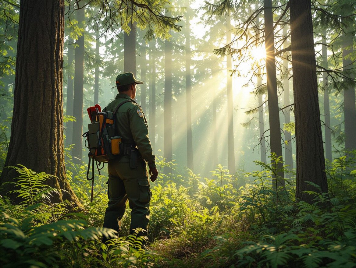 Ein Forstwirt steht in einem sonnendurchfluteten Wald und beobachtet die Natur.
