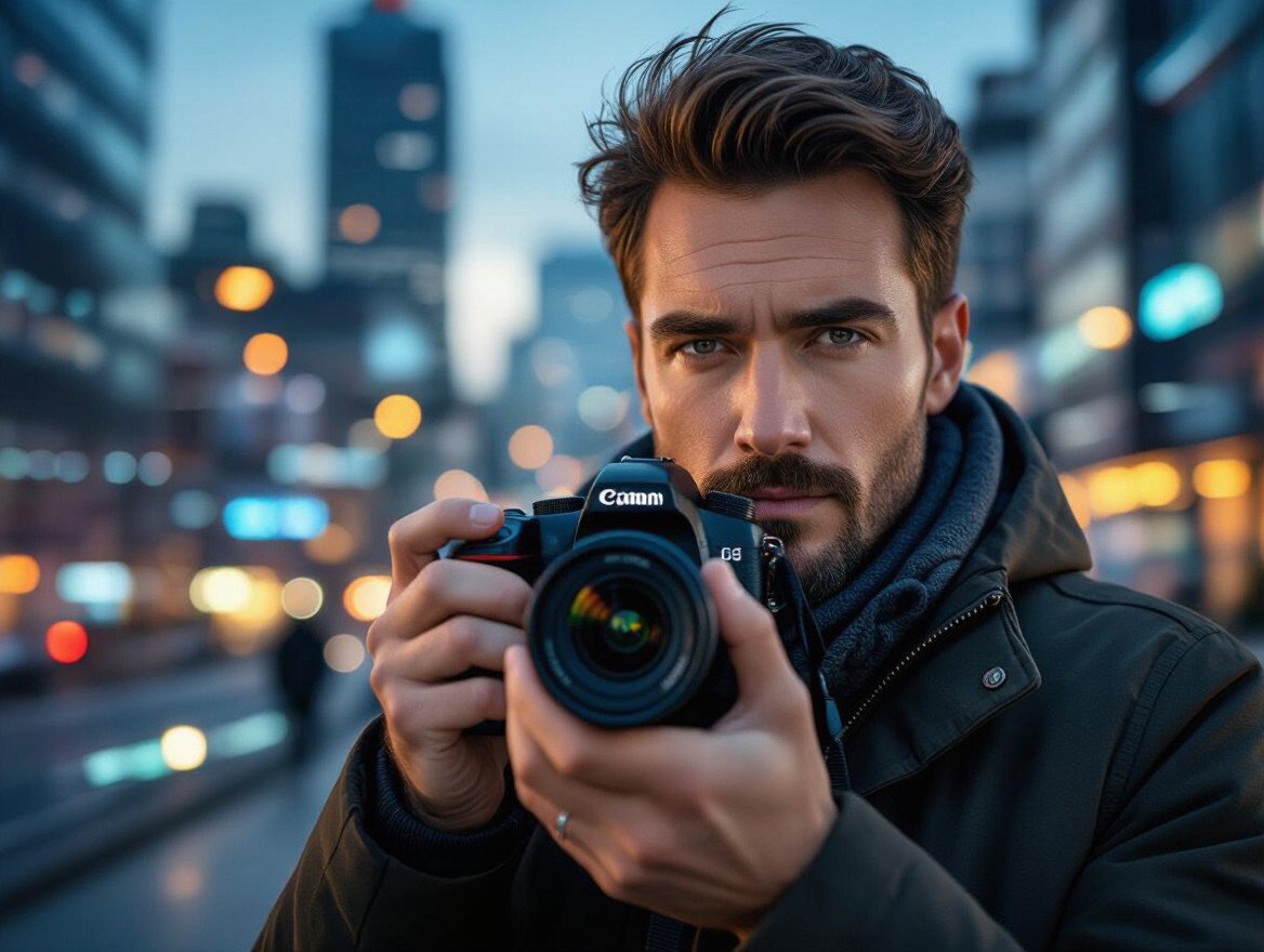 Ein Fotograf hält eine Kamera in einer urbanen Umgebung bei Dämmerung.