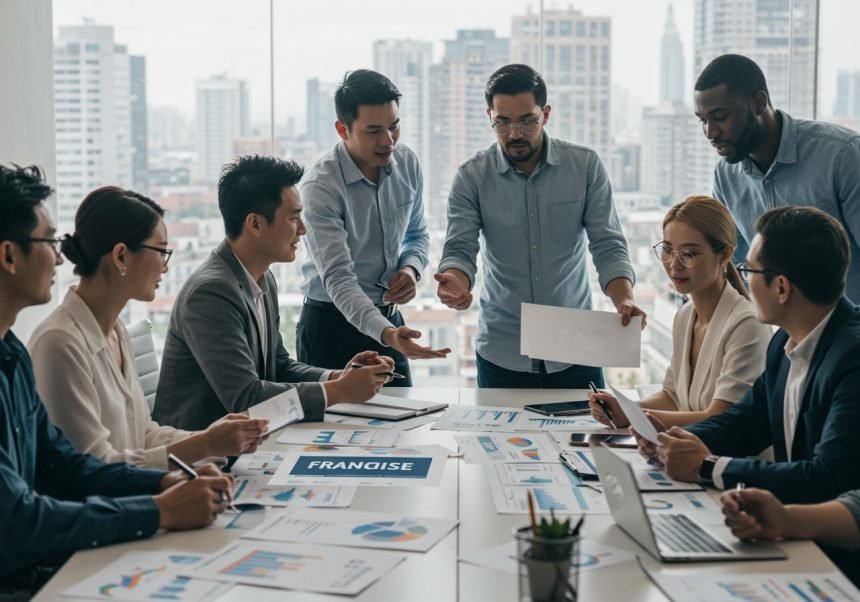 Eine Gruppe von Menschen diskutiert in einem modernen Büro über Franchise-Strategien.