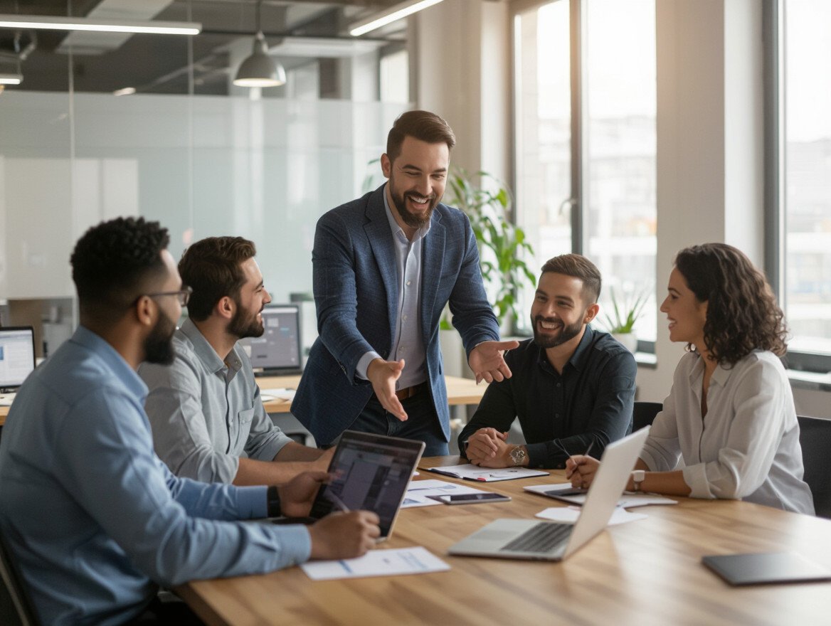 Ein Mann spricht enthusiastisch mit Kollegen in einem modernen Büro.