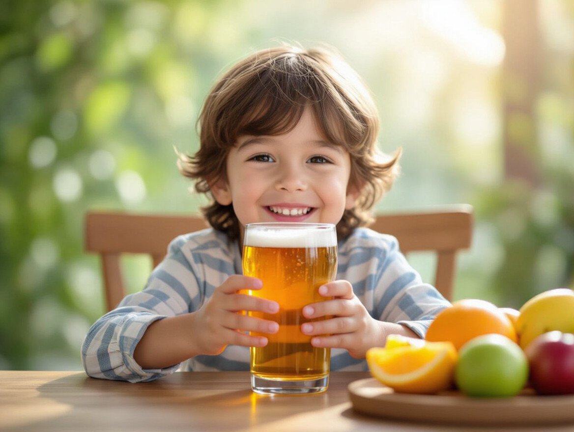 Ein lächelndes Kind hält ein Glas alkoholfreies Bier in der Hand.