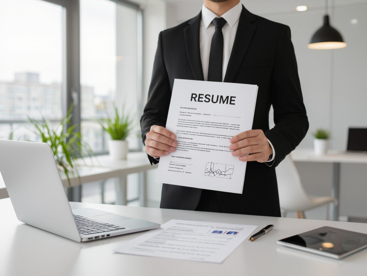 Ein junger Absolvent in Anzug hält seinen Lebenslauf in der Hand.