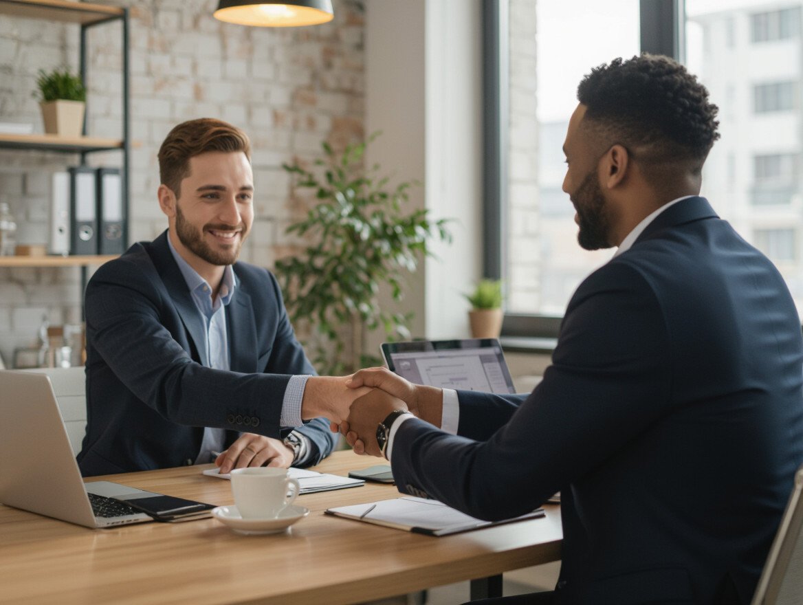 Zwei Männer in Anzügen schütteln sich die Hände in einem modernen Büro.