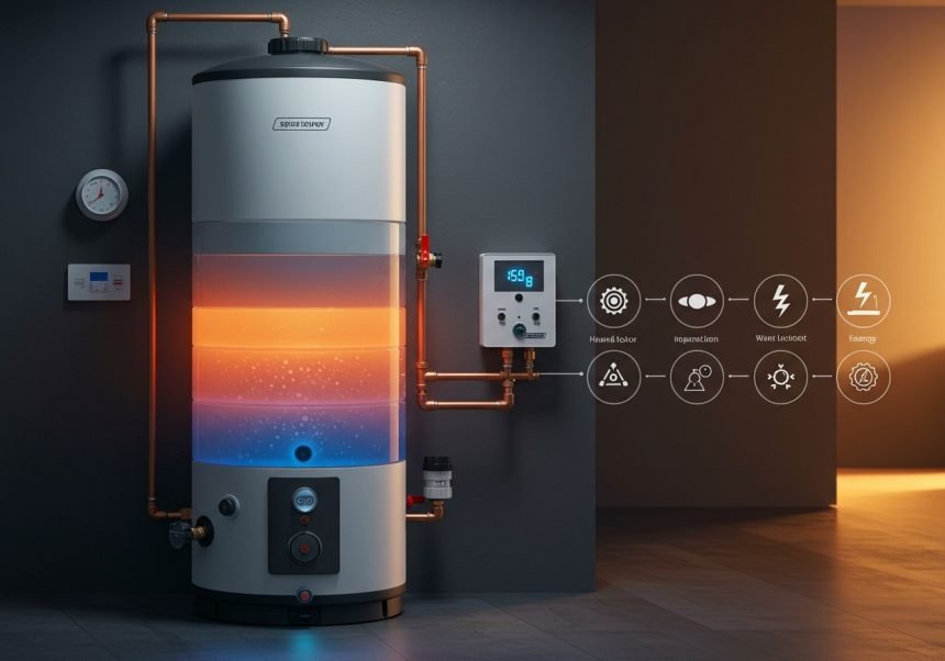 Ein moderner Schichtenspeicher für Warmwasser mit sichtbarem Wasserstand und Temperaturanzeige.