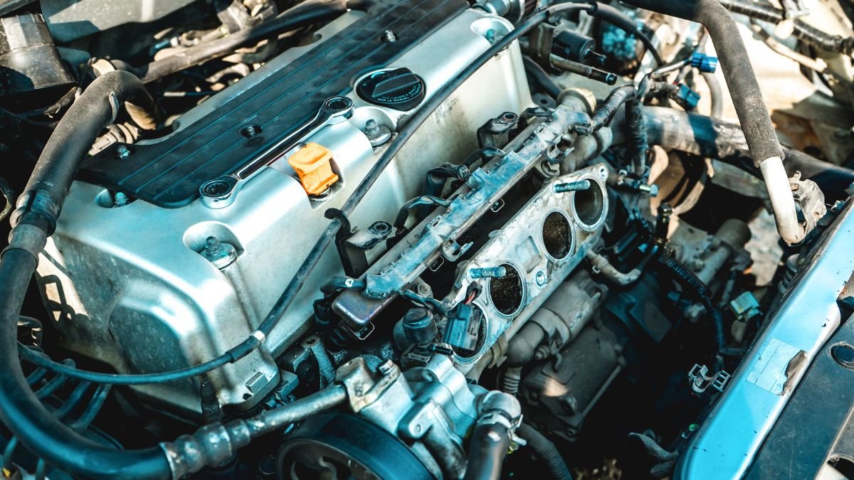 Detailaufnahme eines Verbrennungsmotors mit Zylinderkopf und Ansaugkrümmer.