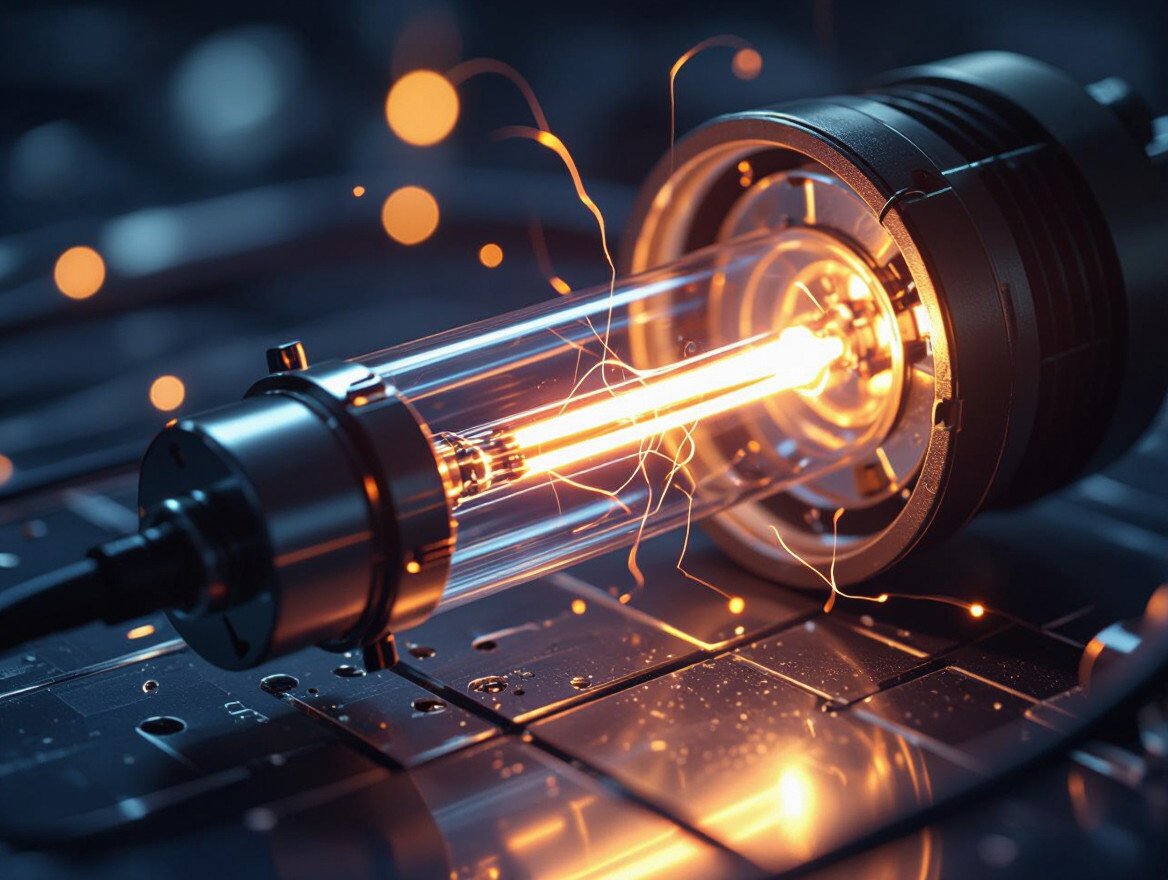 Nahaufnahme eines Blitzlichts mit leuchtendem Glühdraht und Funken.