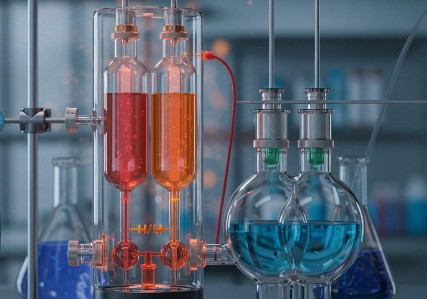 Eine galvanische Zelle mit orangefarbener und blauer Flüssigkeit in Glasbehältern.