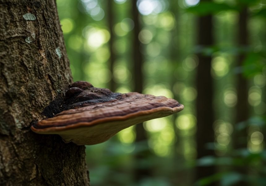 Ein Ganoderma-Pilz wächst an einem Baumstamm im Wald.