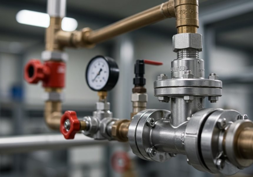 Nahaufnahme eines Gasdruckreglers mit Druckanzeige und Ventilen.