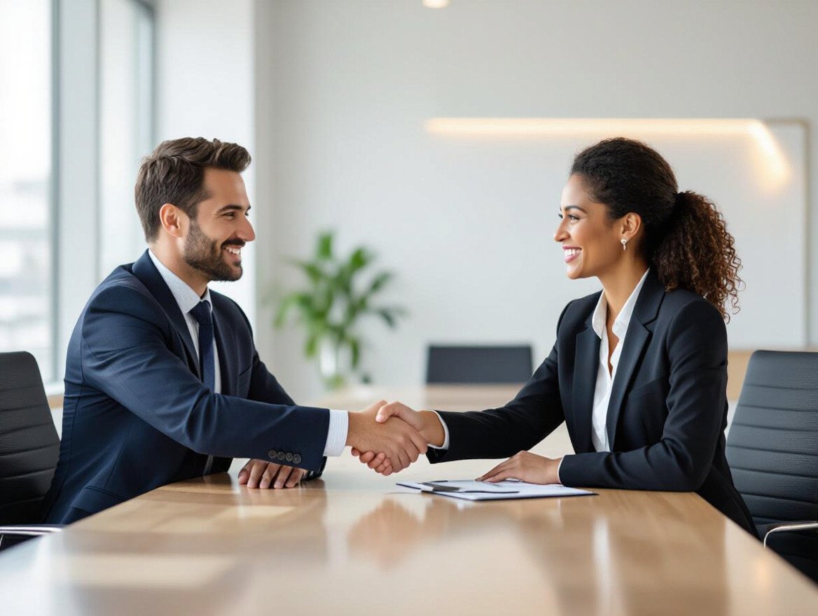 Ein Mann und eine Frau schütteln sich die Hände in einem modernen Büro.