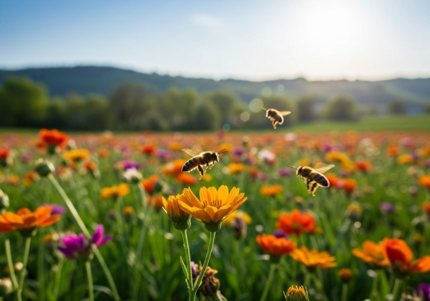 Bienen fliegen über ein blühendes Feld mit bunten Blumen im Sonnenlicht.