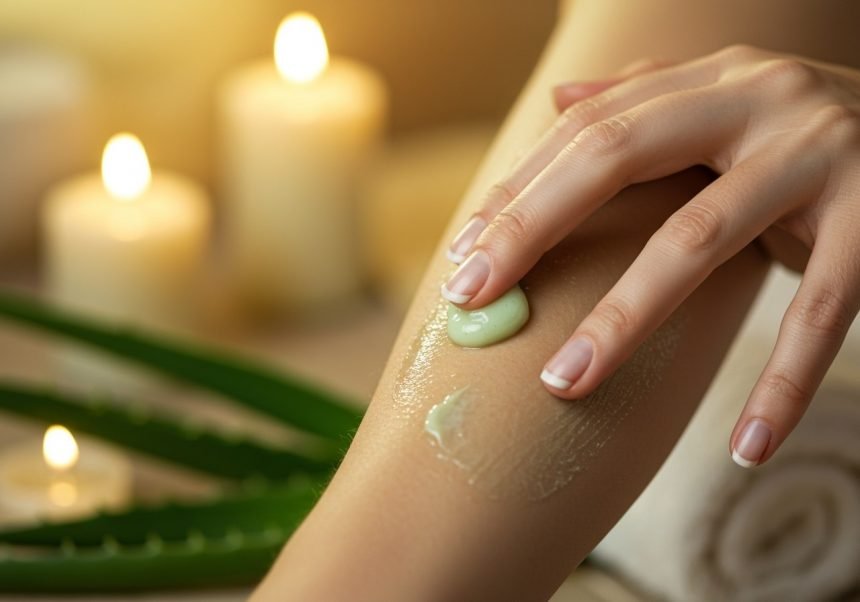 Eine Hand trägt eine grüne Creme auf den Unterarm auf, um Haut und Gelenke zu pflegen.