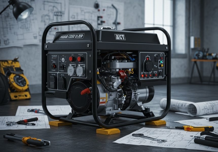 Ein Generator steht in einer Werkstatt, umgeben von Werkzeugen und Plänen.