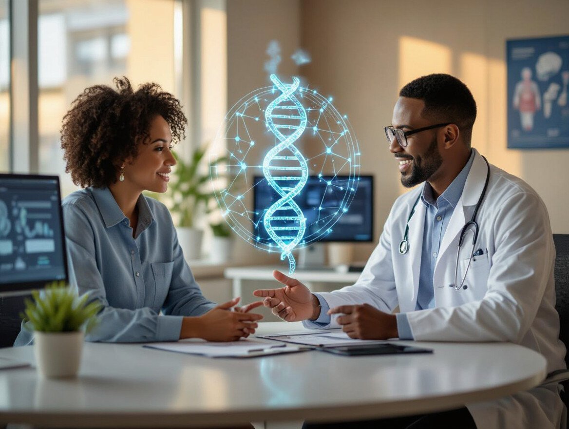Ein Arzt und eine Patientin diskutieren genetische Beratung in einem modernen Büro.