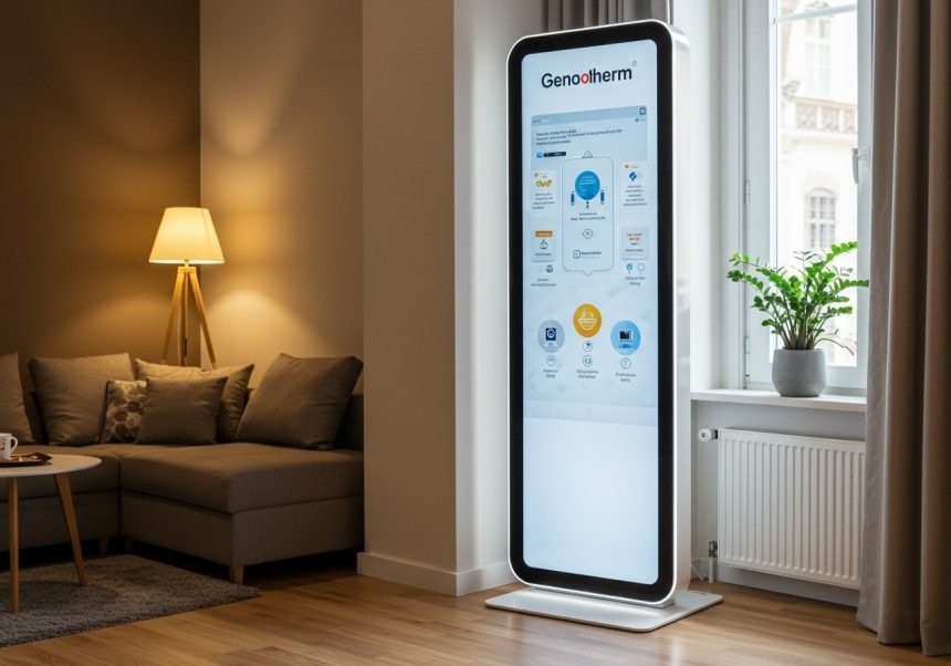 Moderne Genotherm-Heizsystemsteuerung in einem stilvollen Wohnzimmer.